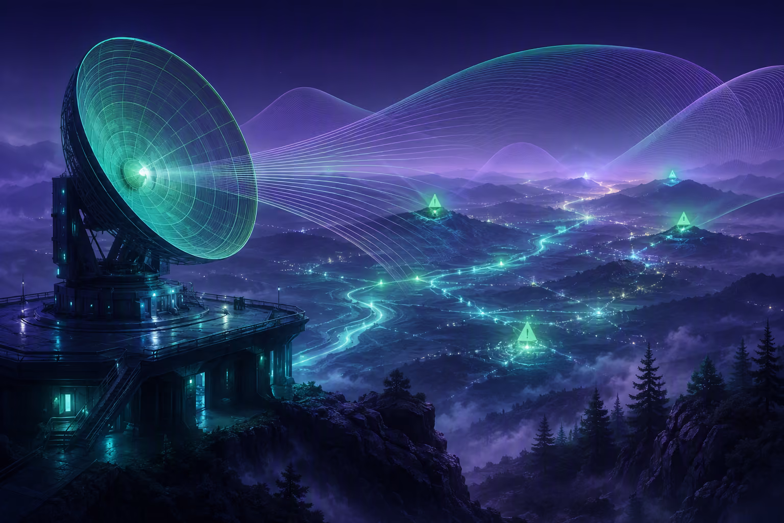 Parabolantenne sendet Wellen über eine nächtliche Landschaft mit leuchtenden Wegpunkten