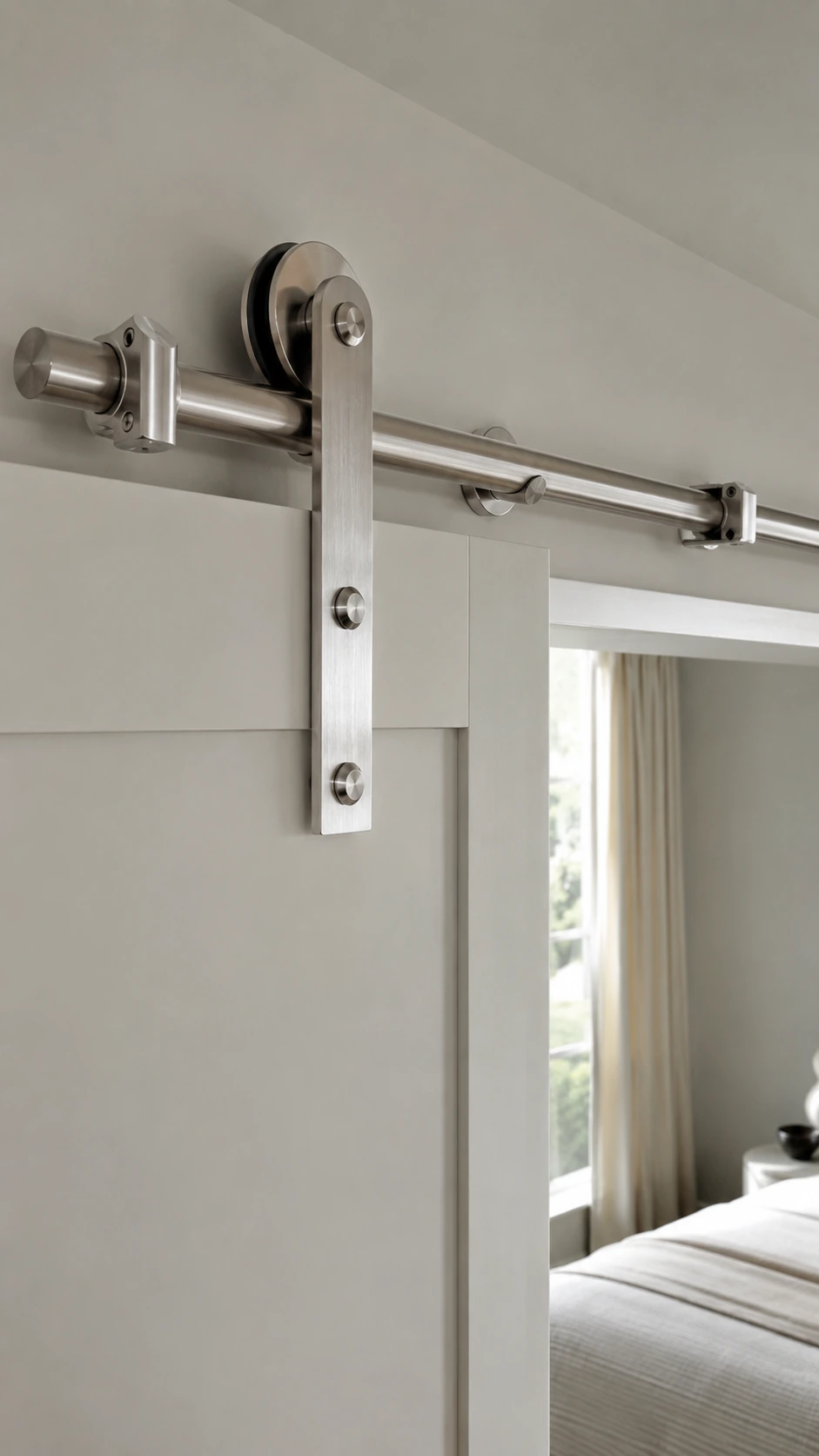 Barn door hardware track and roller system on a sliding door