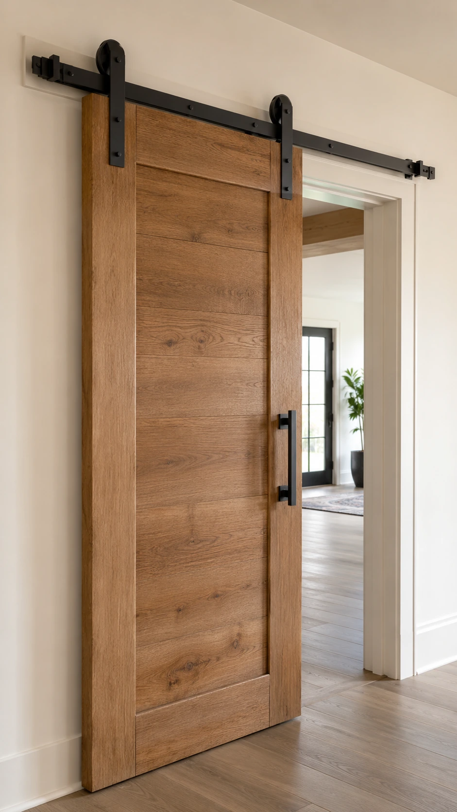 Barn door hardware, close view of the track and finish