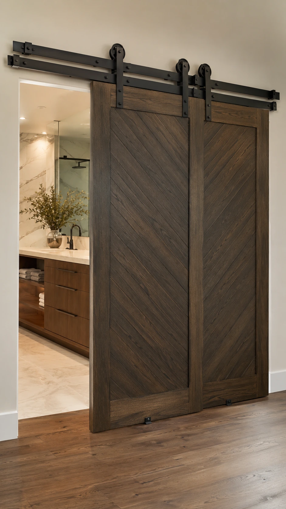 Barn door hardware fitted in an interior opening