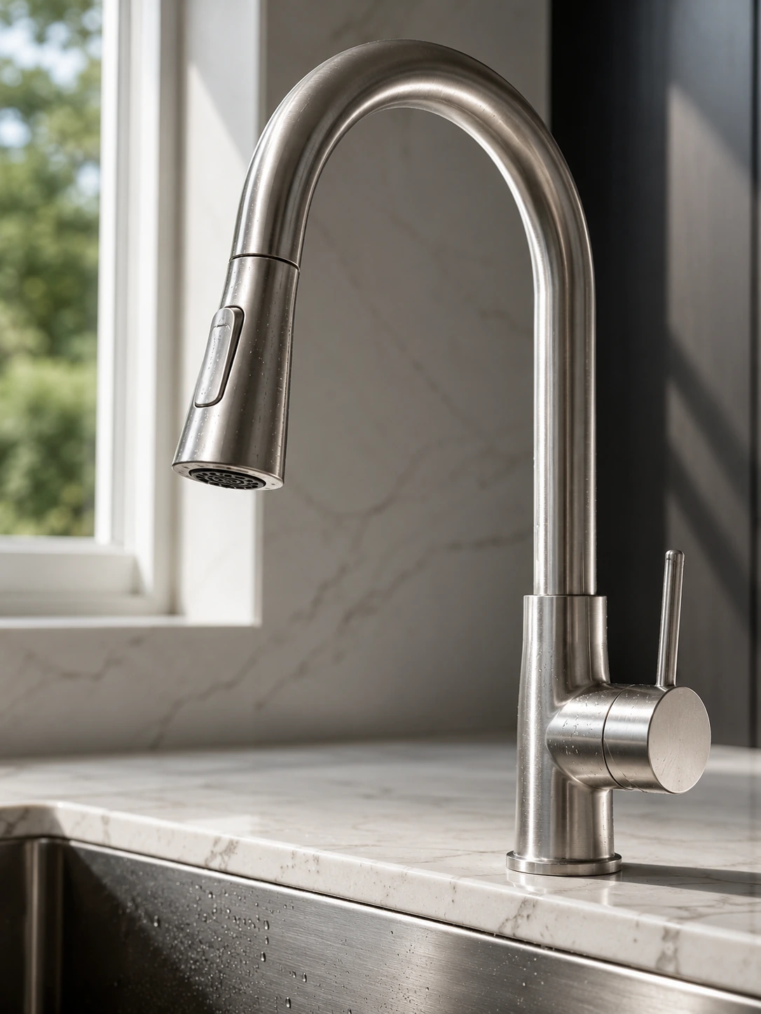 Pull-down kitchen faucet above a sink
