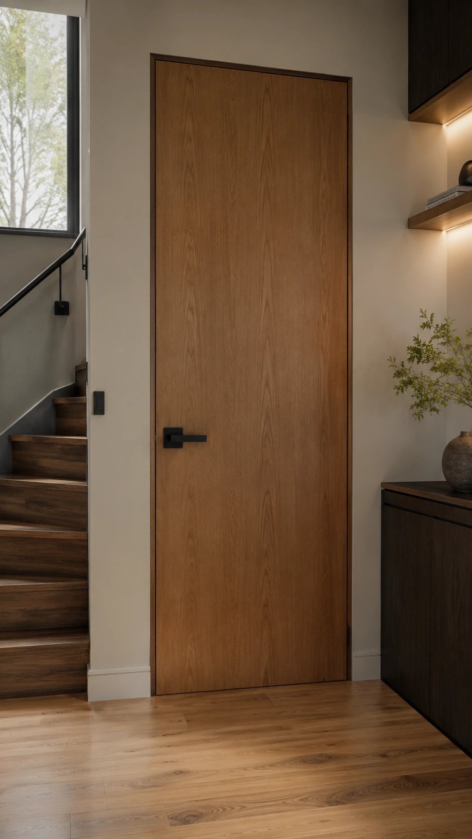 Flush door fitted in an interior hallway