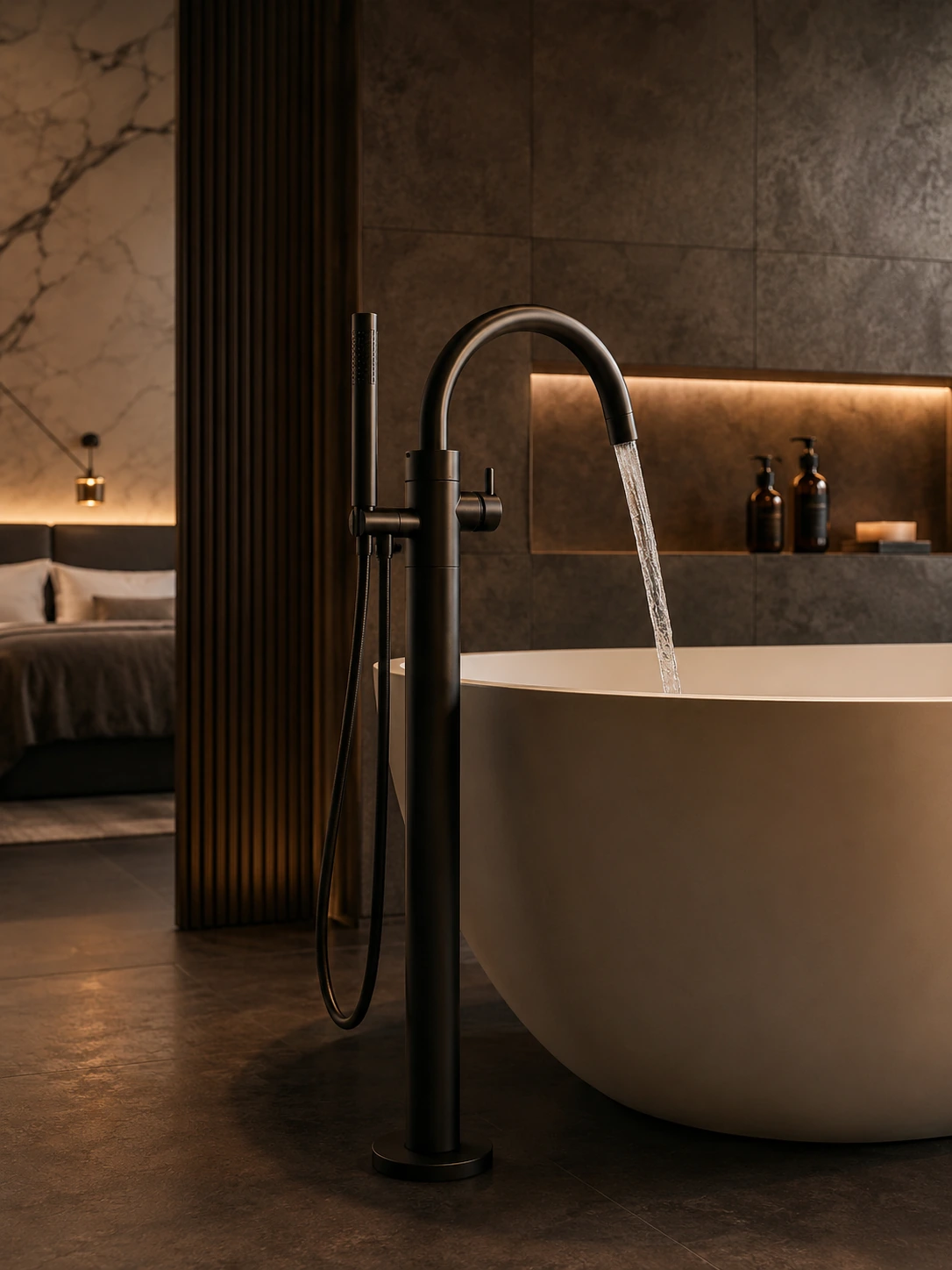 Tub filler in a finished bathroom