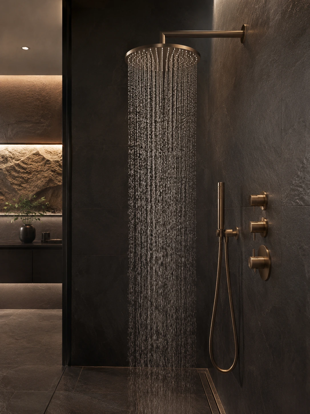 Rain shower system in a finished bathroom