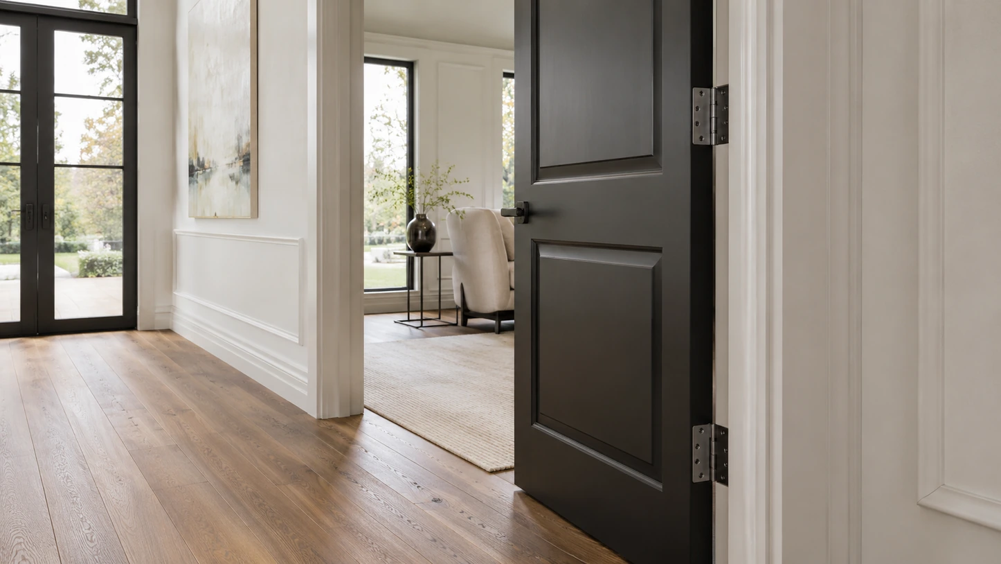 Entryway door fitted with matte black steel hinges