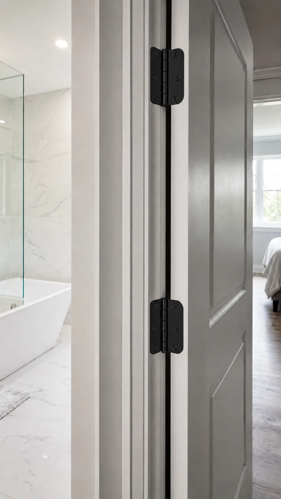 Door hinge, close view of the finish