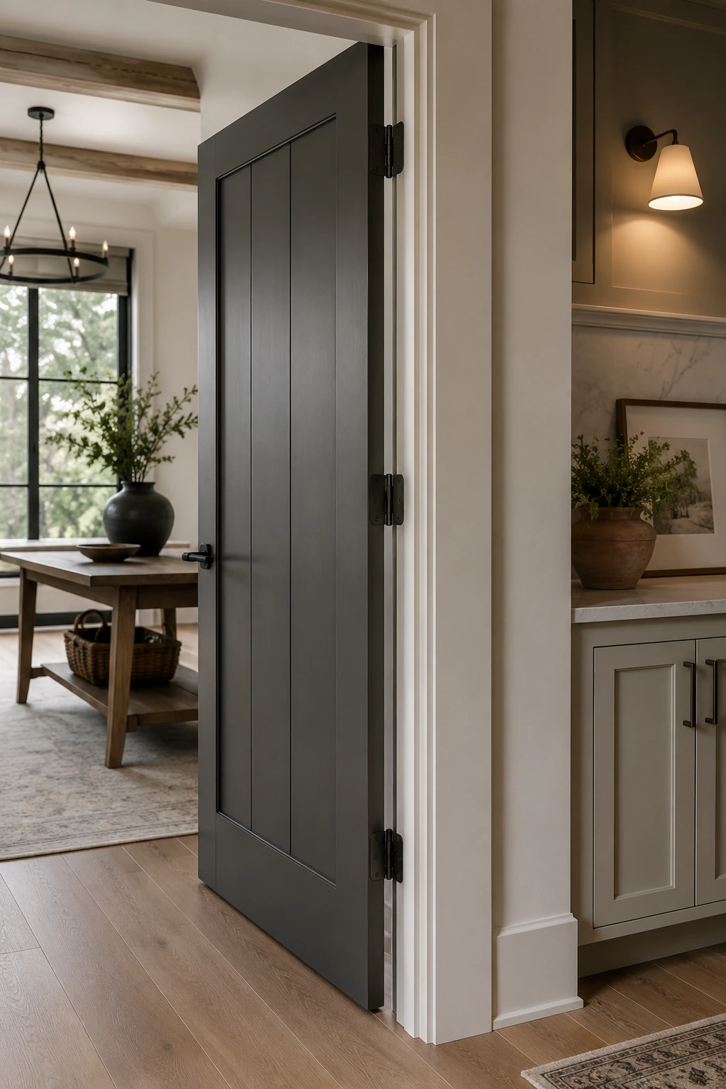 Interior door on black steel hinges