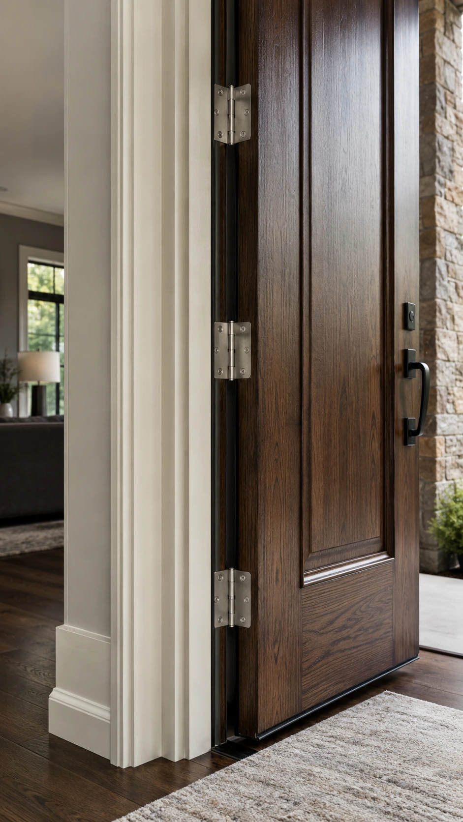 Hinges fitted to a solid wood entrance door