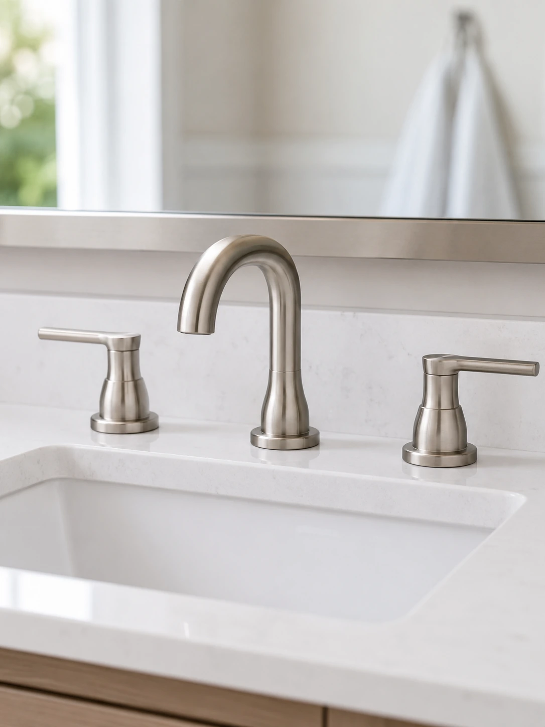 Brushed nickel widespread faucet, close view of the spout and handles
