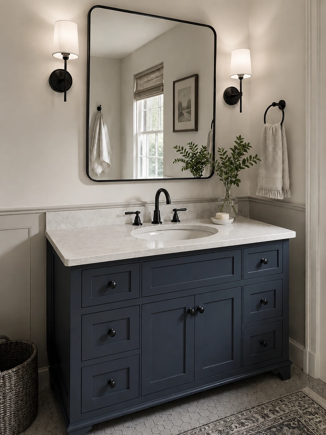 Widespread faucet on a vanity beneath a framed mirror