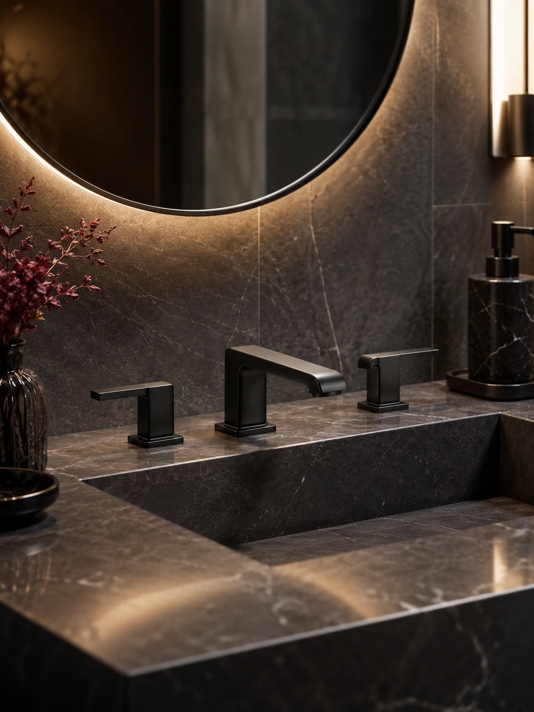 Matte black widespread faucet on a stone vanity