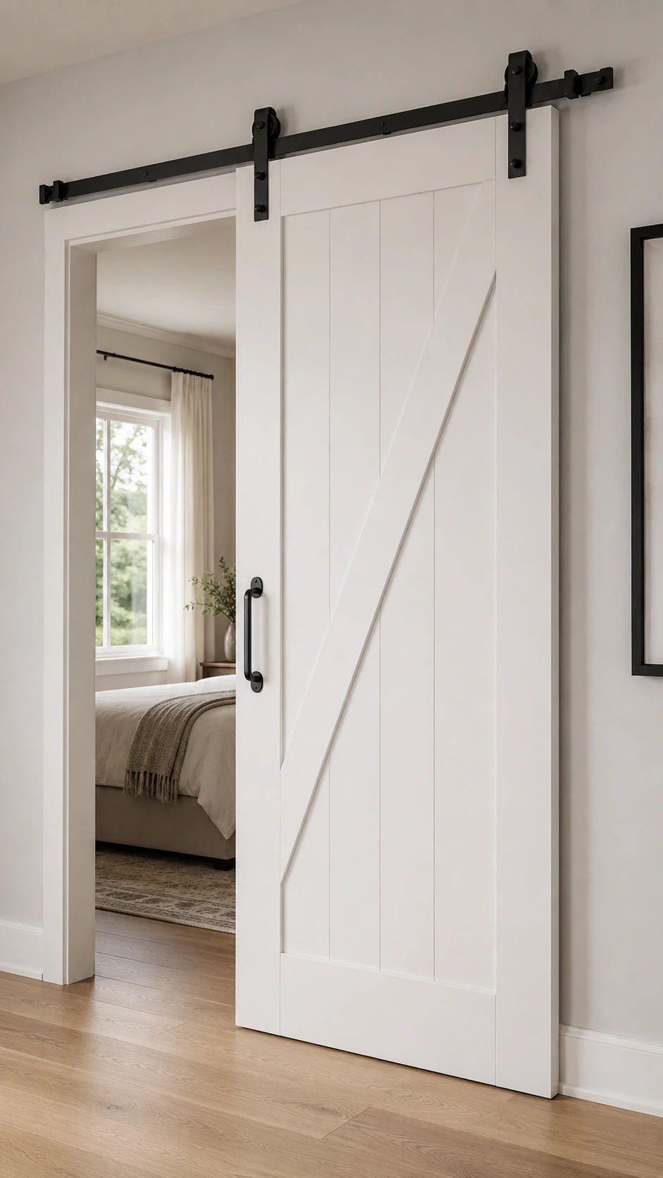 White plank barn door on a black overhead track, open to a bedroom