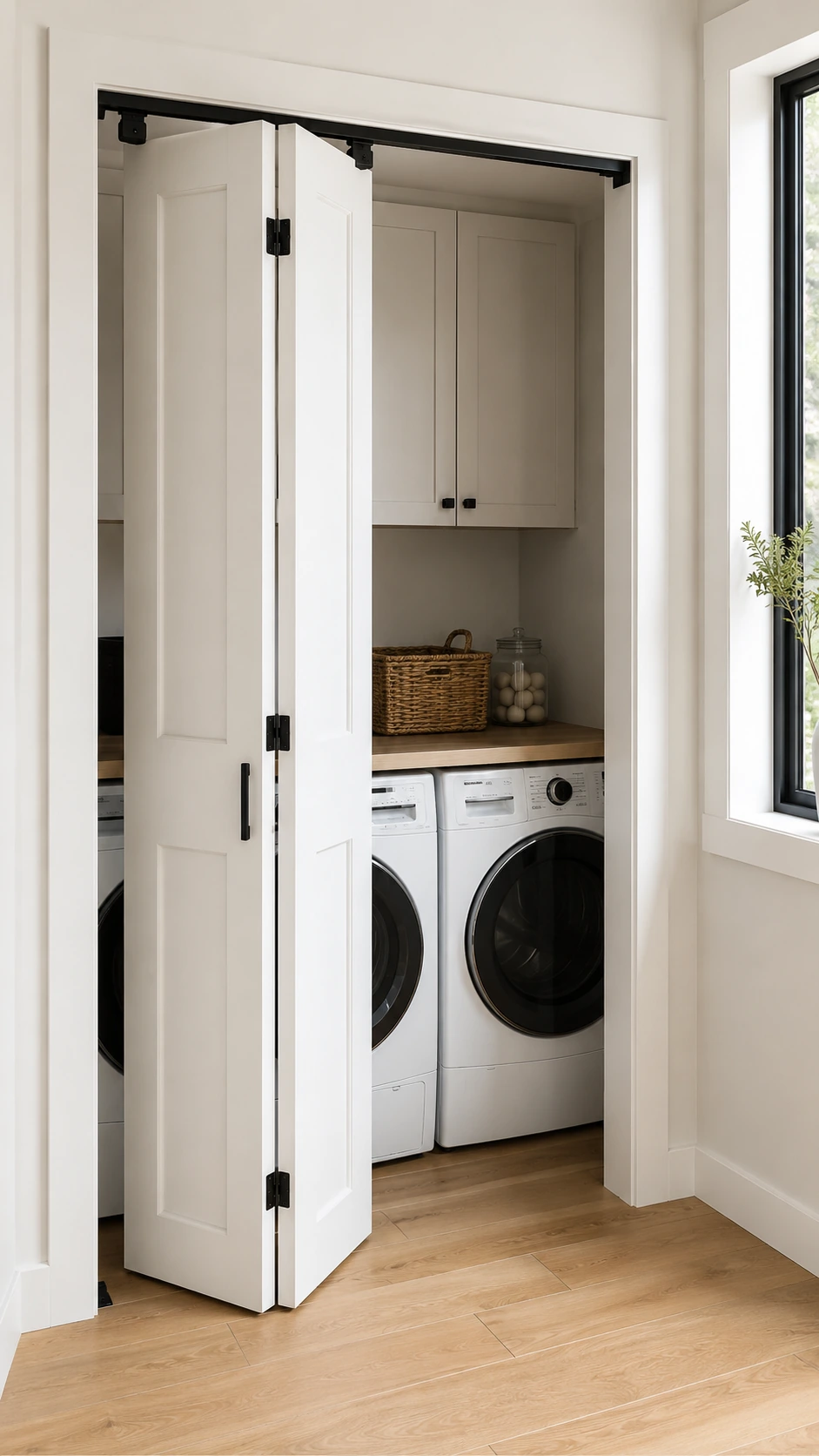 White bifold doors folded open in front of a laundry with washer and dryer