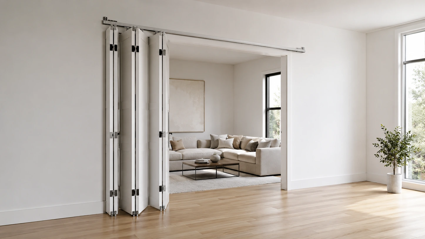 White bifold doors folded back to open a living room onto the hallway