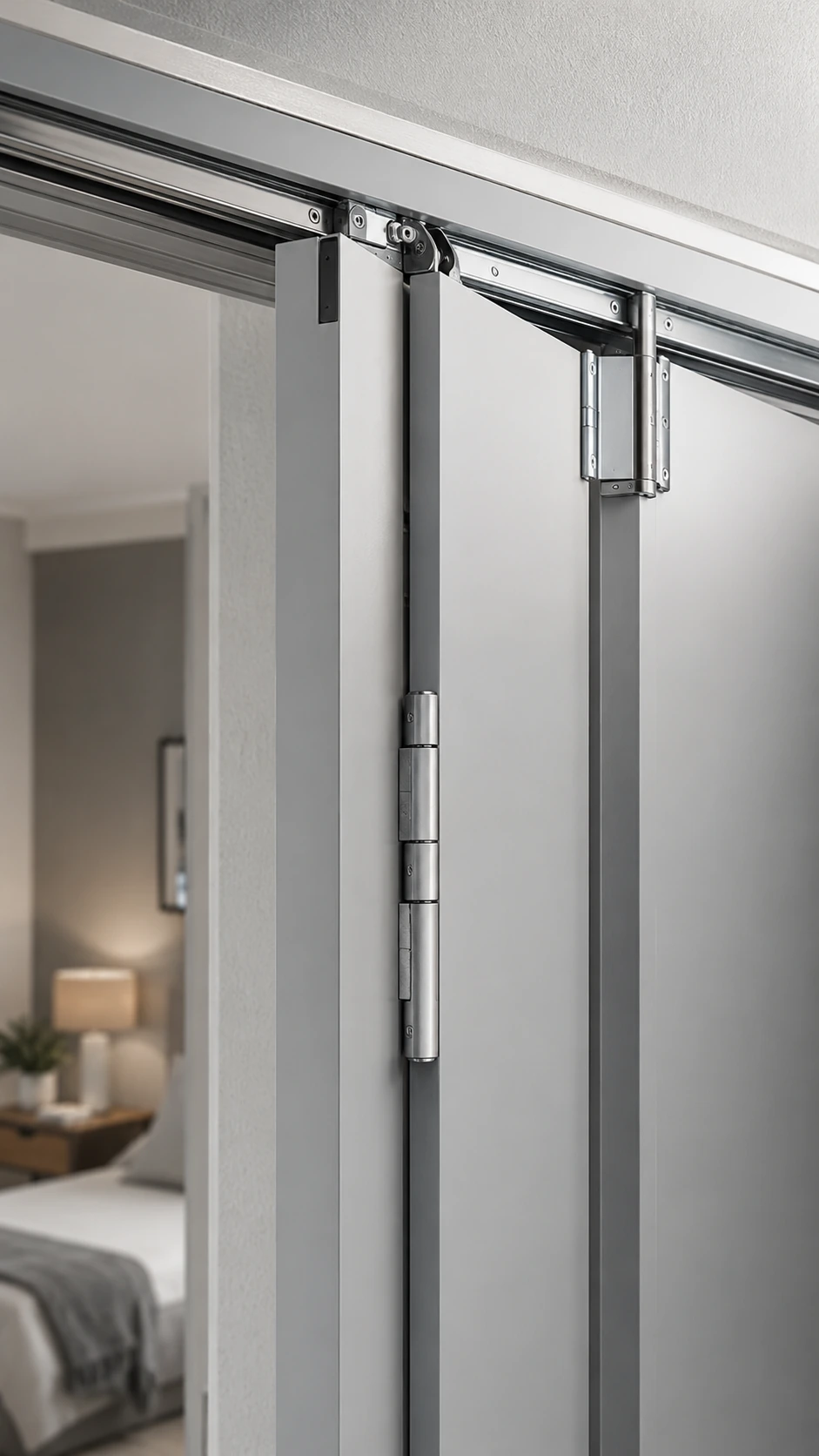 Close view of a bifold door hinge and its overhead track
