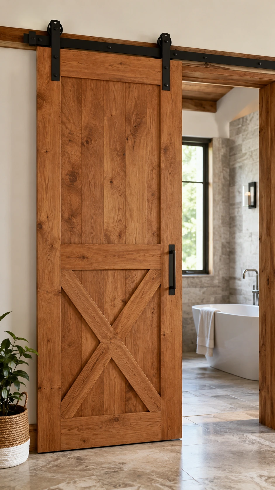 Rustic knotty-wood barn door with an X brace, slid open to a bathroom