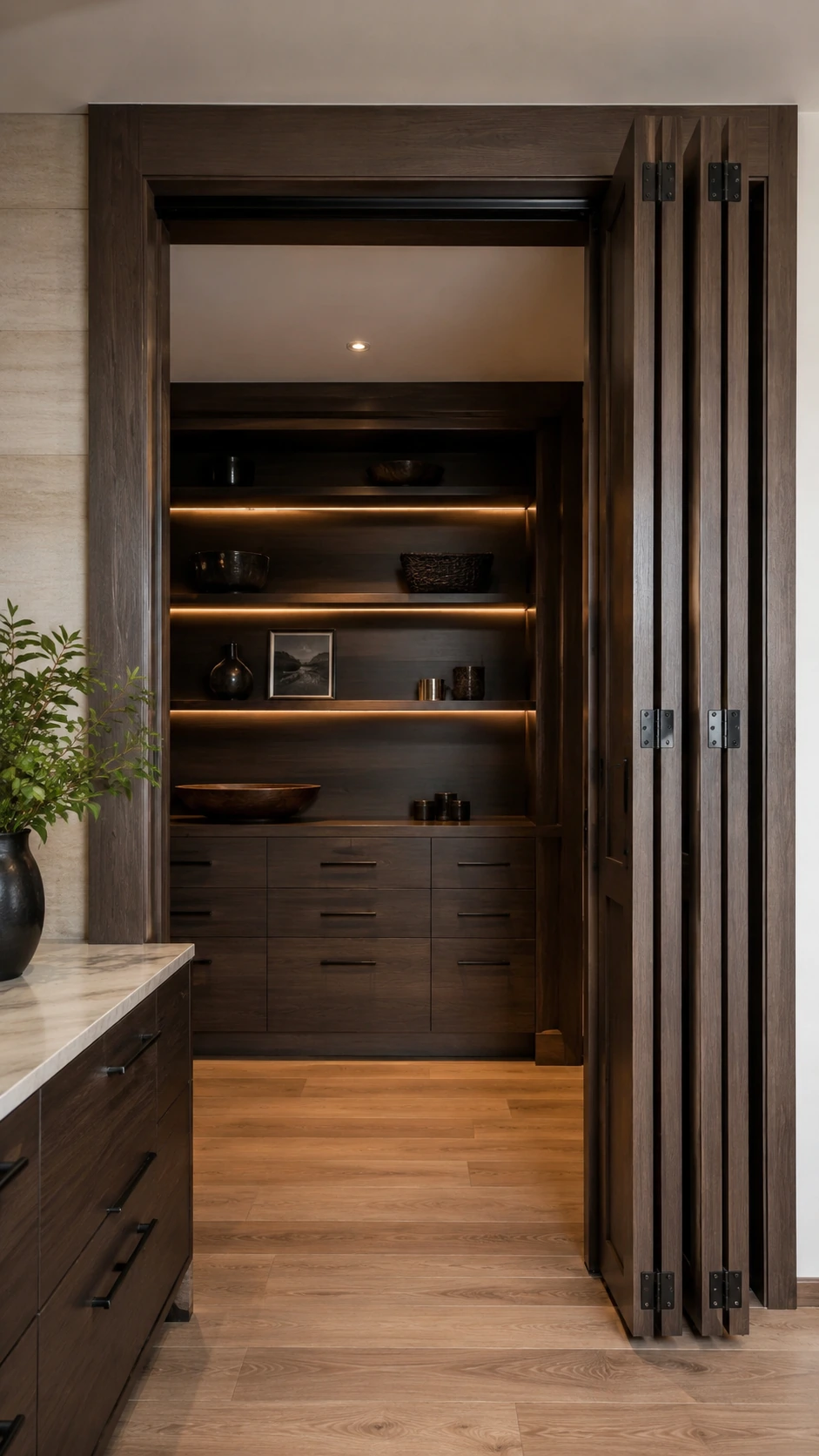 Dark bifold doors folded open to a lit walk-in closet