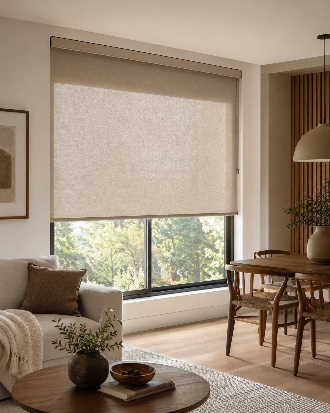 Beige cassette roller shade lowered in a dining area