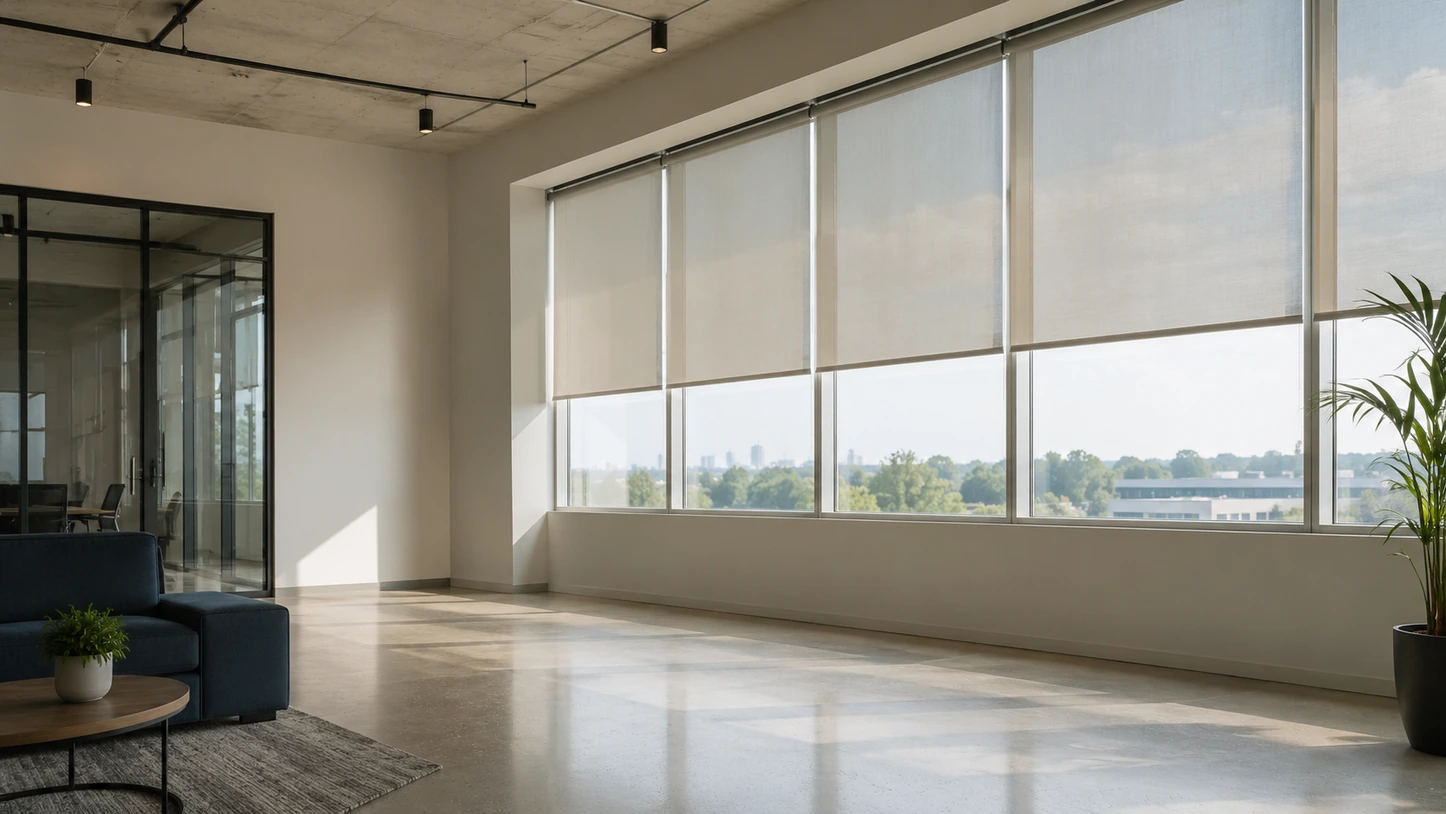 Sheer commercial shades across a wide office window wall