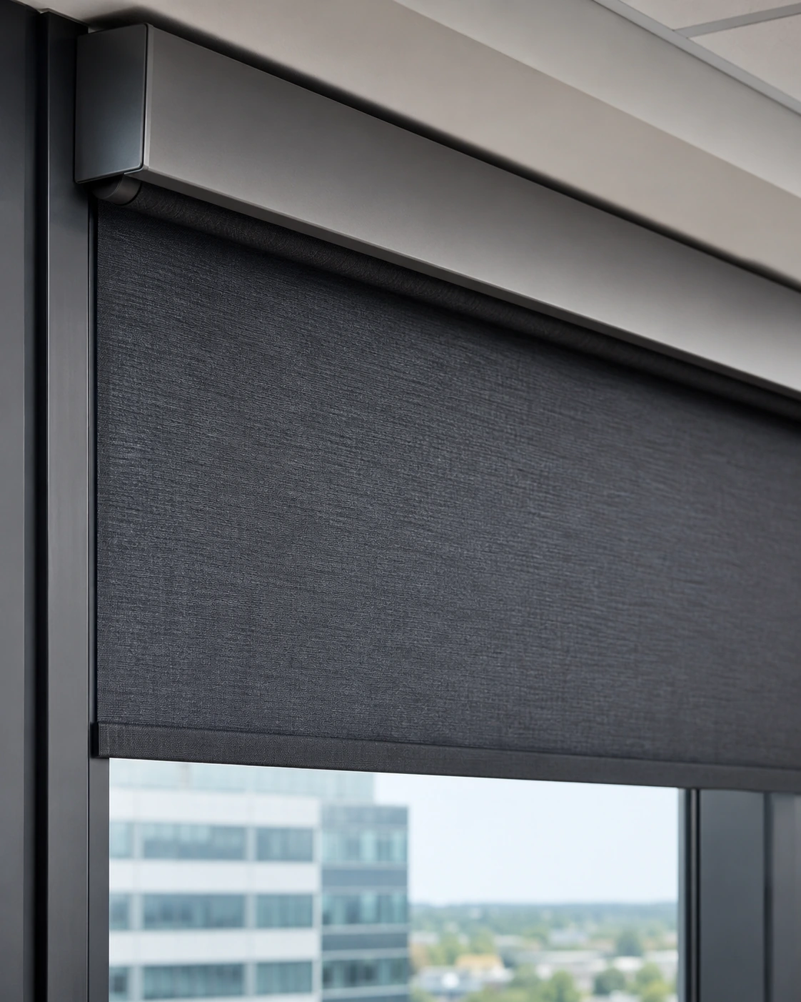 Close view of a charcoal commercial roller shade in its headbox