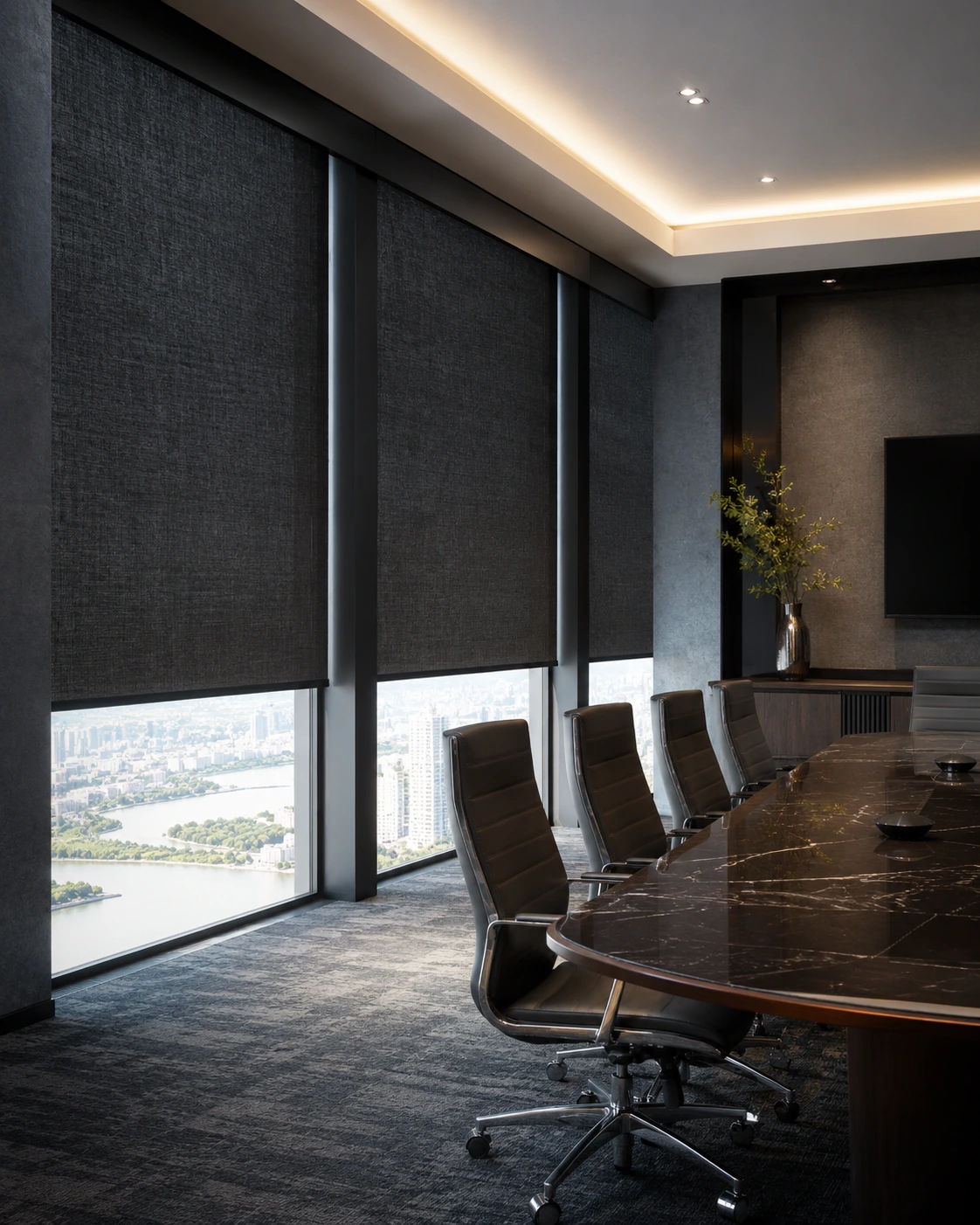 Dark commercial shades in a conference room with a long table