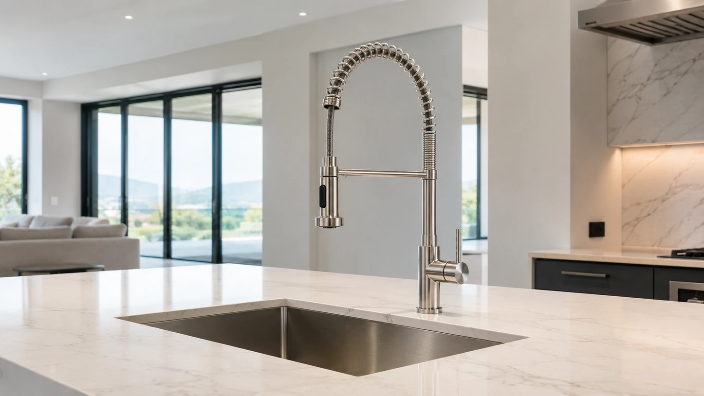 Stainless coil-spring faucet on a marble island in an open kitchen