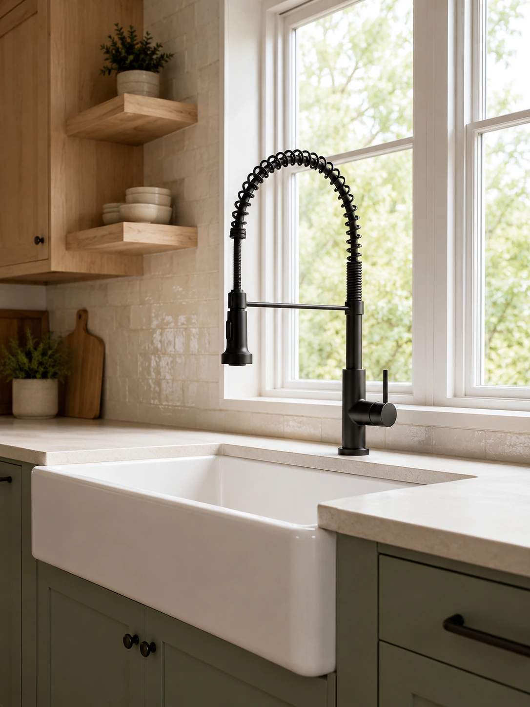 Matte black coil-spring kitchen faucet above a white farmhouse sink
