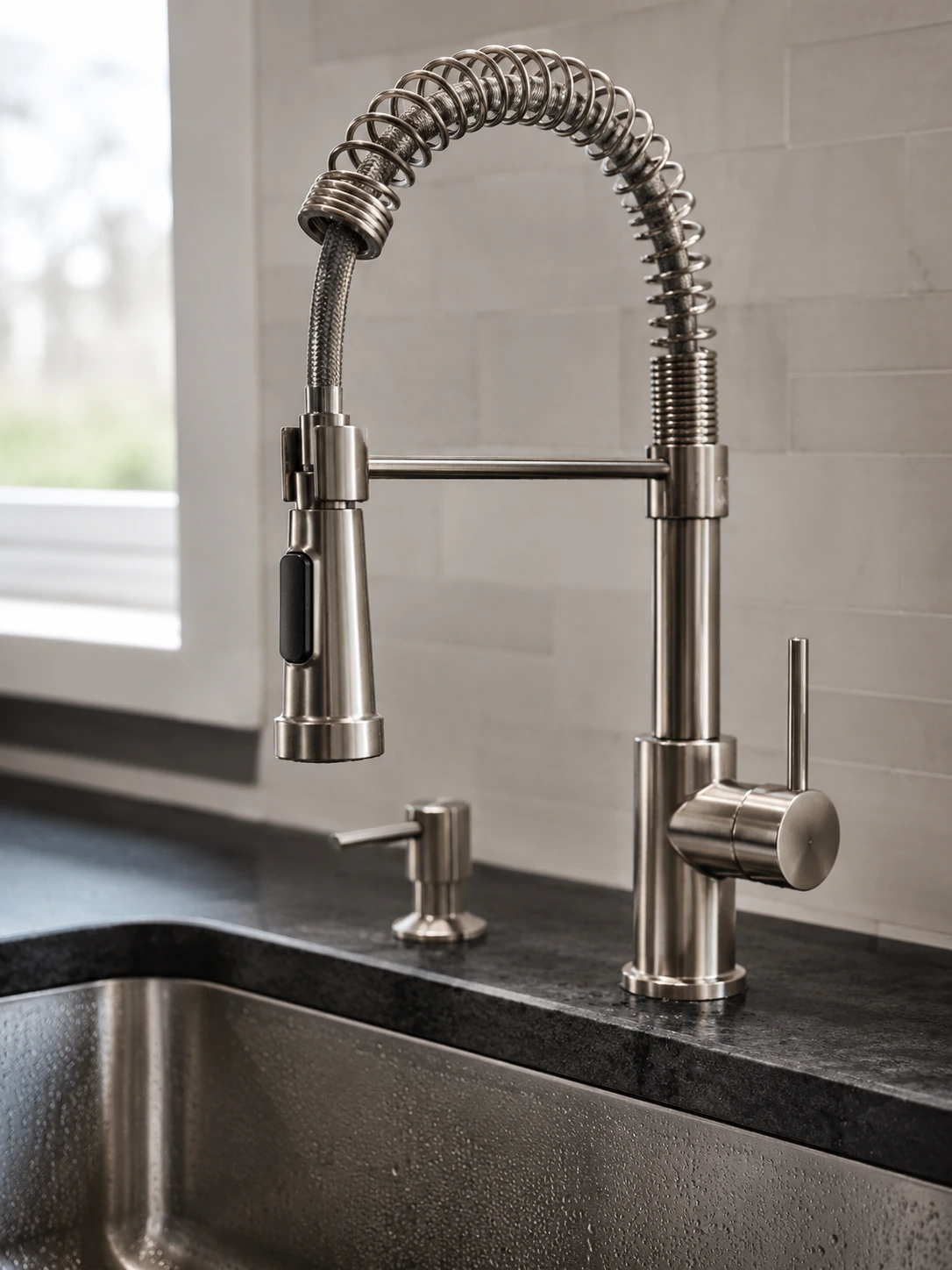 Stainless commercial-style kitchen faucet with a coil spring spout over a dark sink
