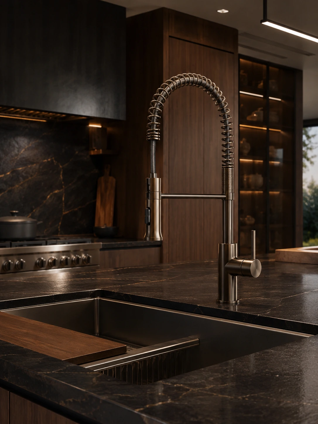 Coil-spring kitchen faucet on a dark stone counter in a walnut kitchen