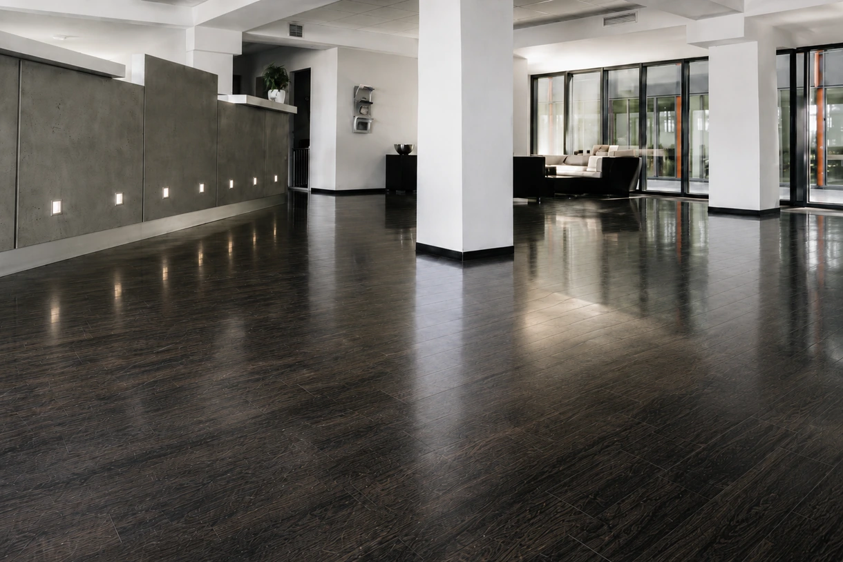 Dark wood-look vinyl flooring across an open commercial floor