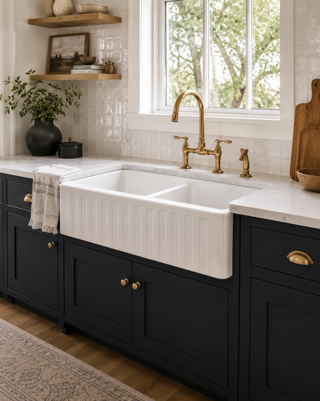 White fireclay double bowl farmhouse sink with a brass bridge faucet
