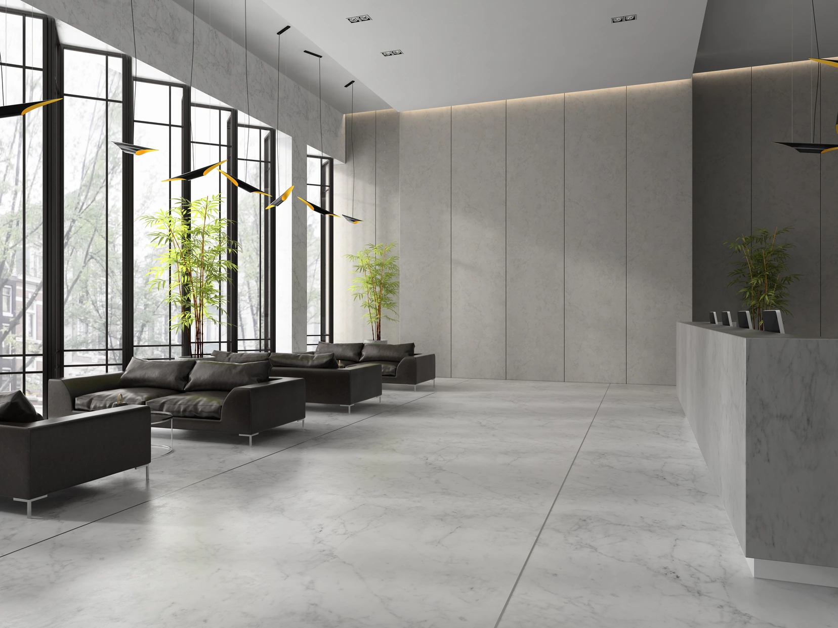 Large-format stone-look vinyl flooring in a corporate lobby