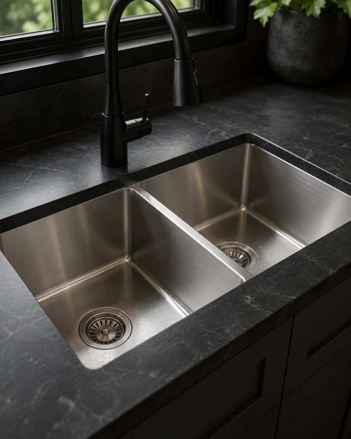 Stainless double bowl undermount sink set into a dark stone countertop