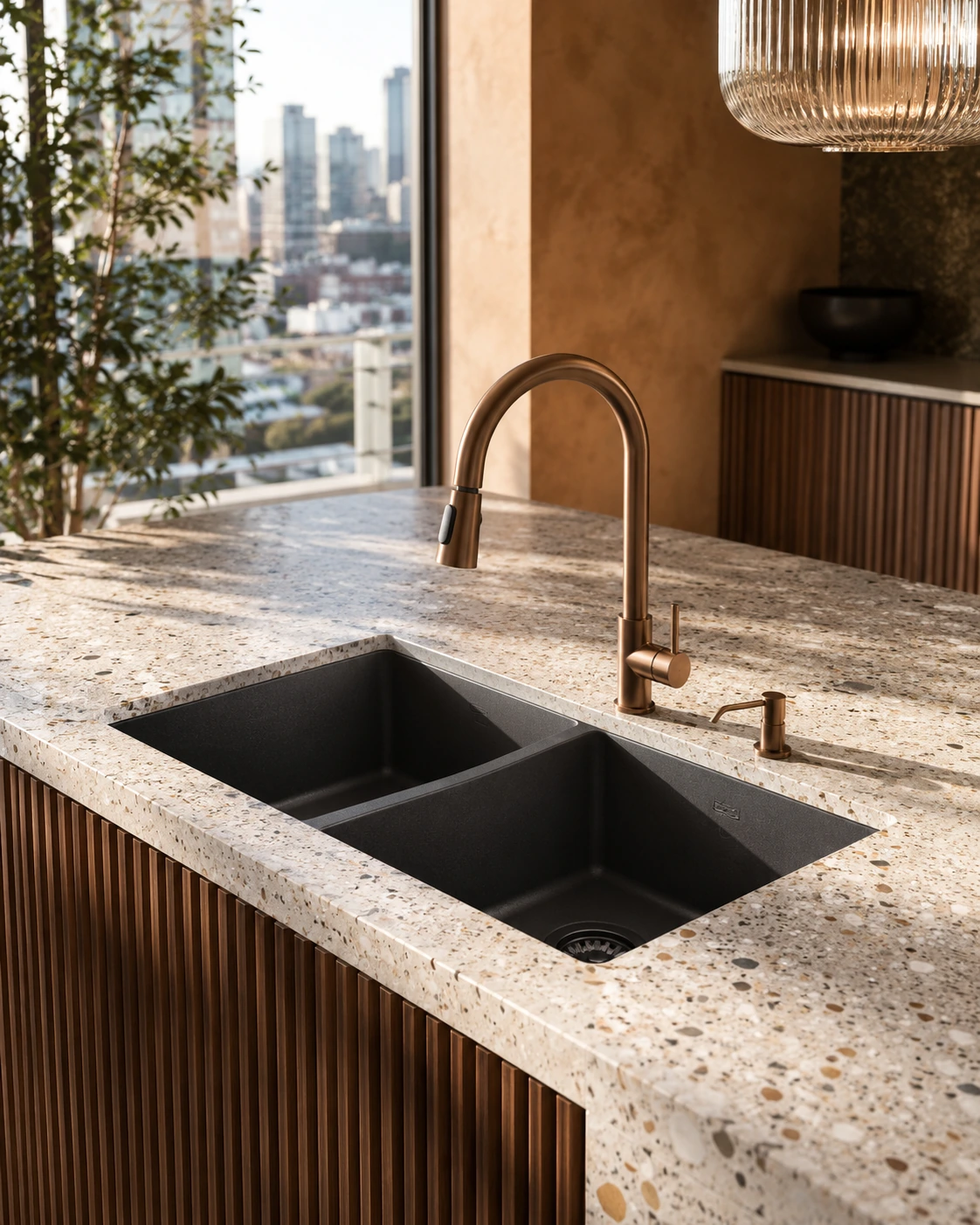 Granite composite double bowl sink in a speckled stone counter