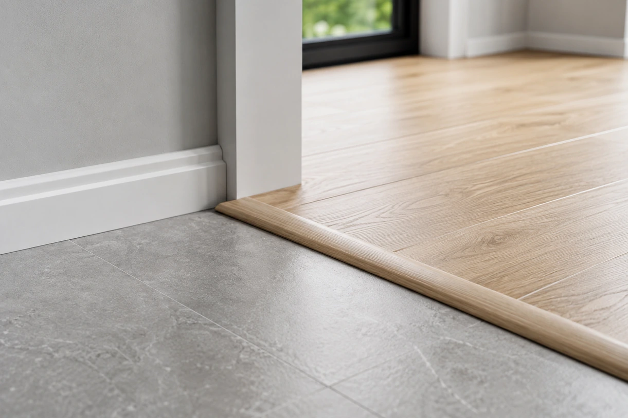 Wood edging strip joining wood flooring to grey stone tile
