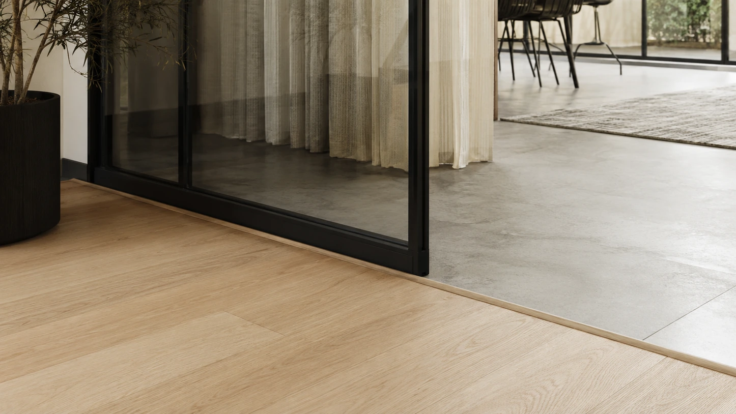 End cap where wood flooring meets a sliding glass door threshold