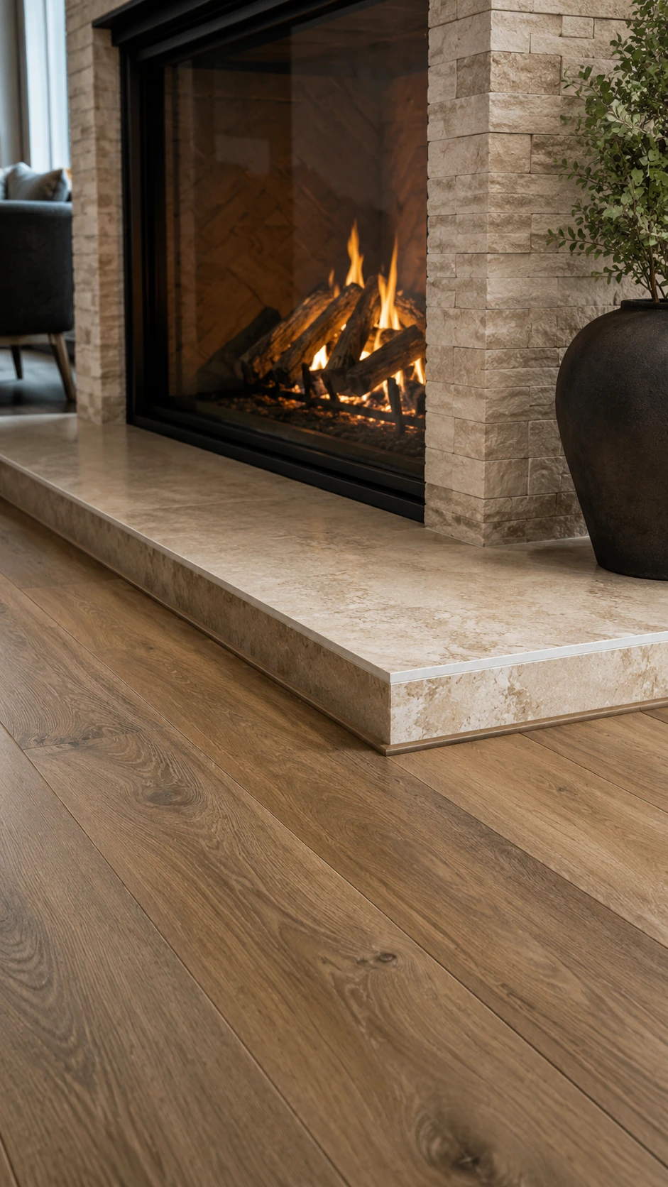 Wood flooring finished with an end cap at a raised stone fireplace hearth