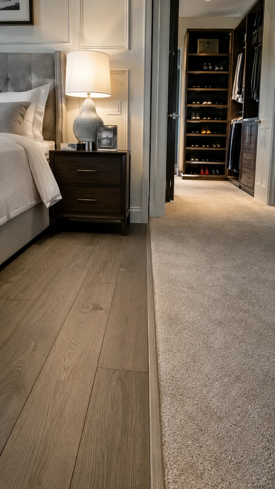 Wood floor end cap at the threshold of a bedroom closet