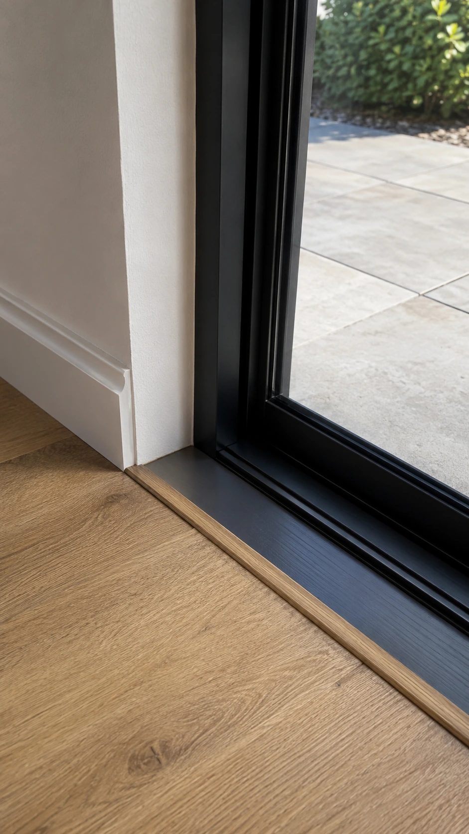 Wood flooring end cap meeting a black-framed sliding door track