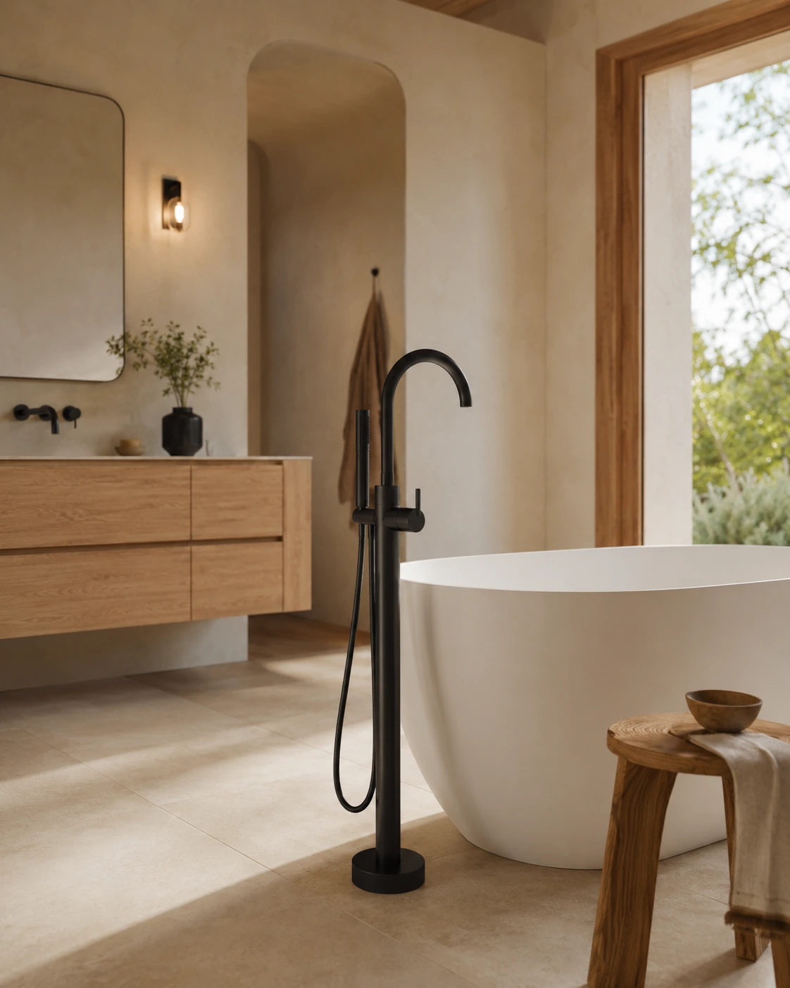 Matte black freestanding tub filler next to a stone bath