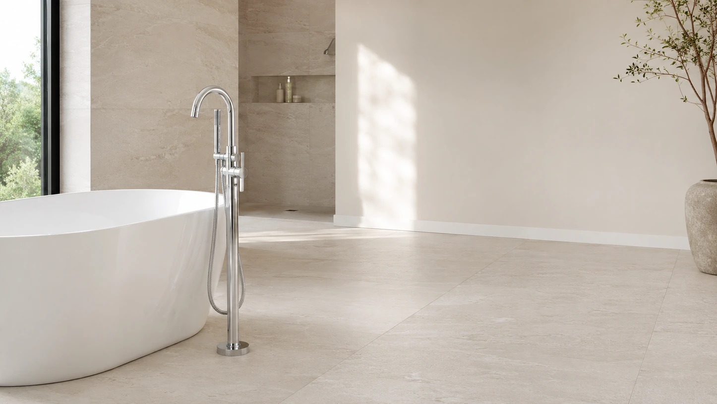 Brushed nickel freestanding tub filler by a bath in a bright bathroom