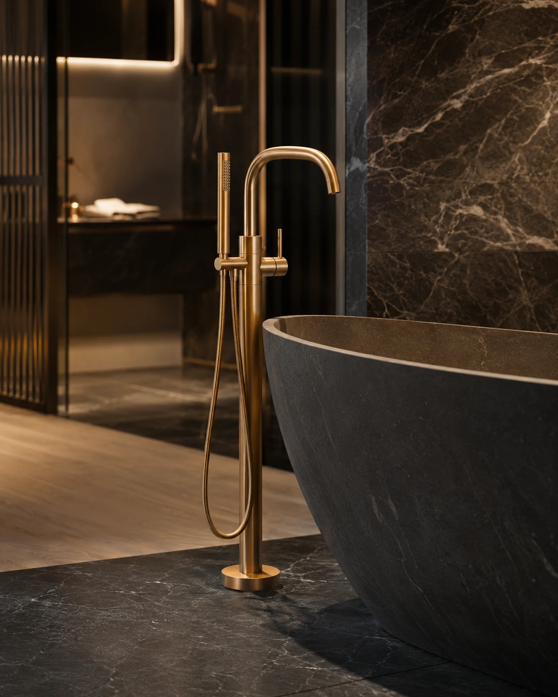 Brass freestanding tub faucet beside a dark stone bath