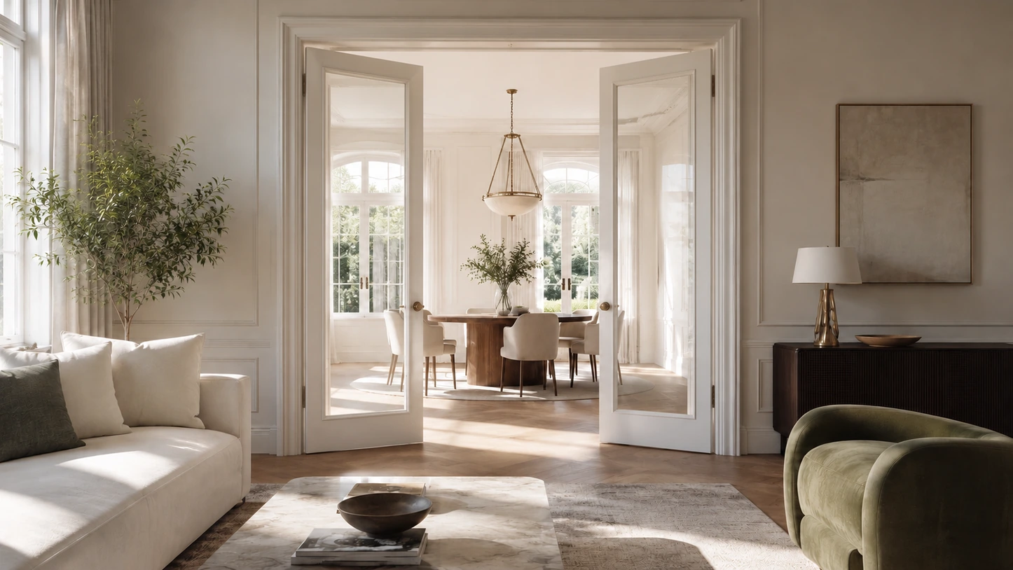 White French doors open between a living room and a dining room