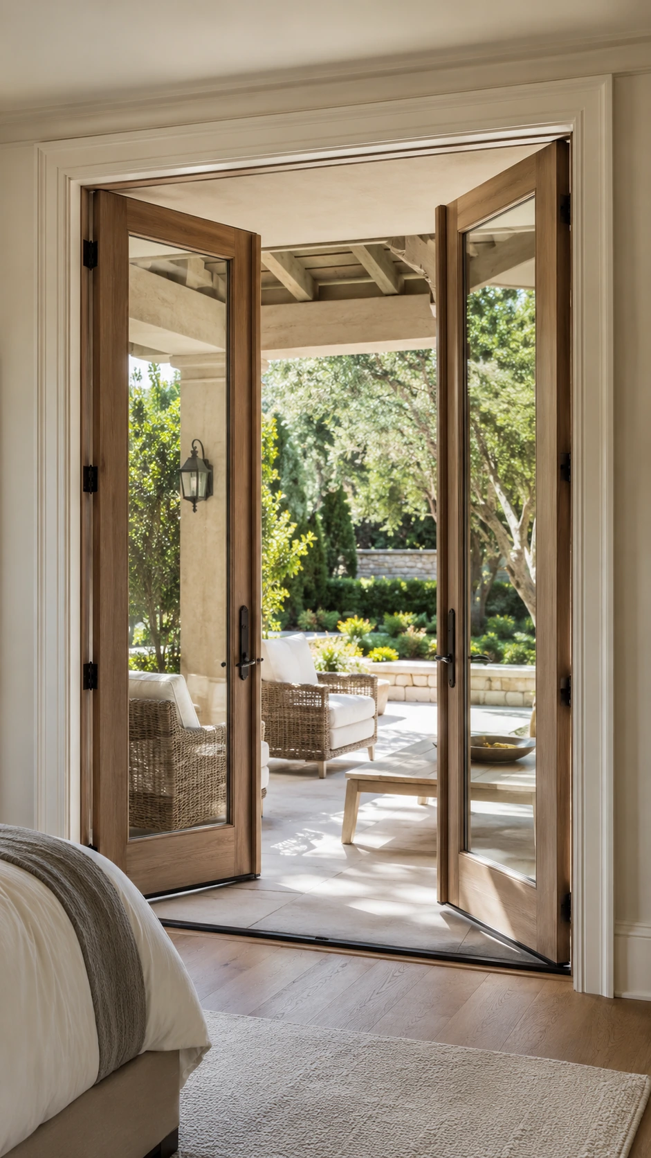Wood French doors opened from a bedroom onto a garden terrace