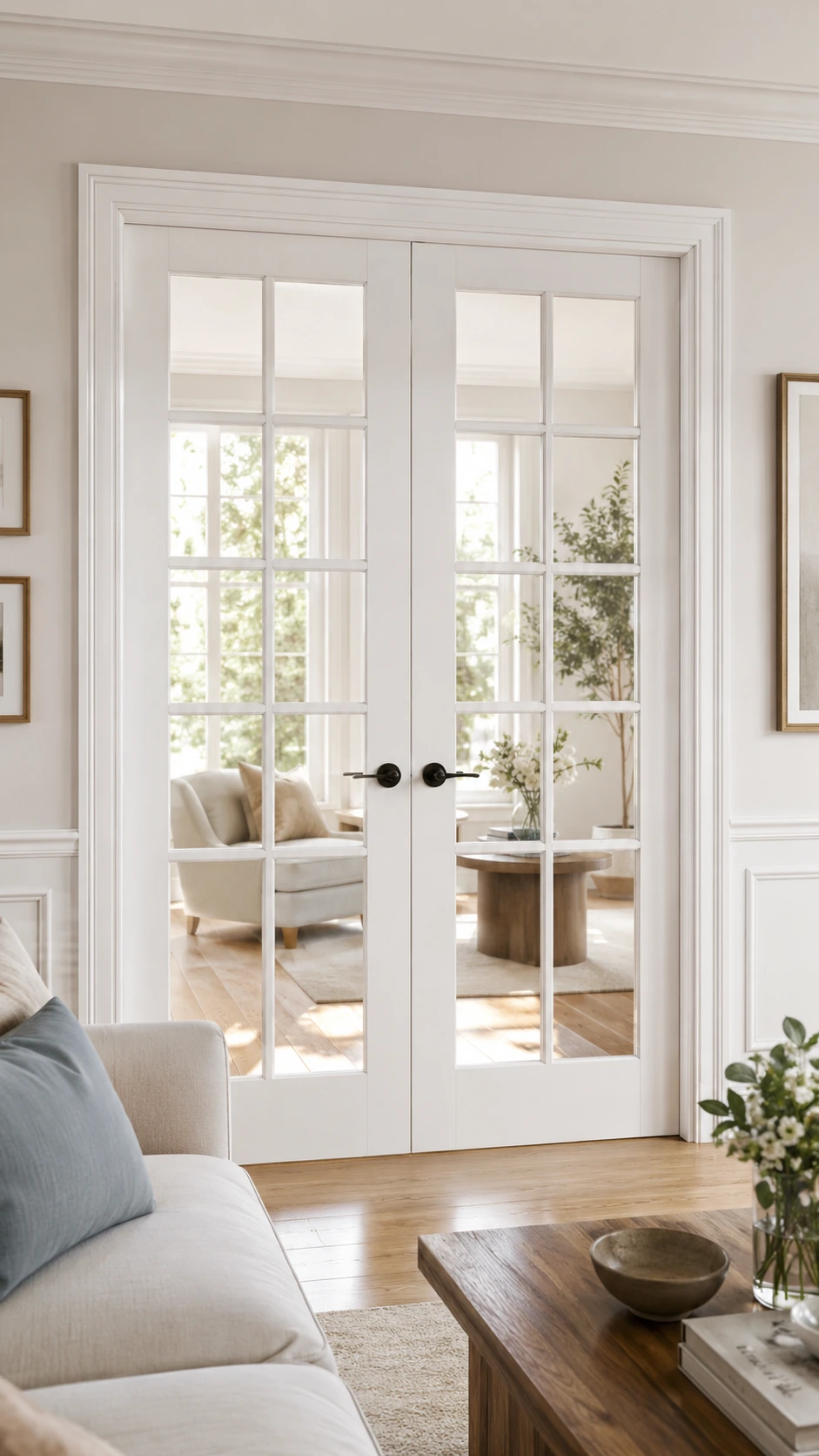 White glazed French doors closing off a living room