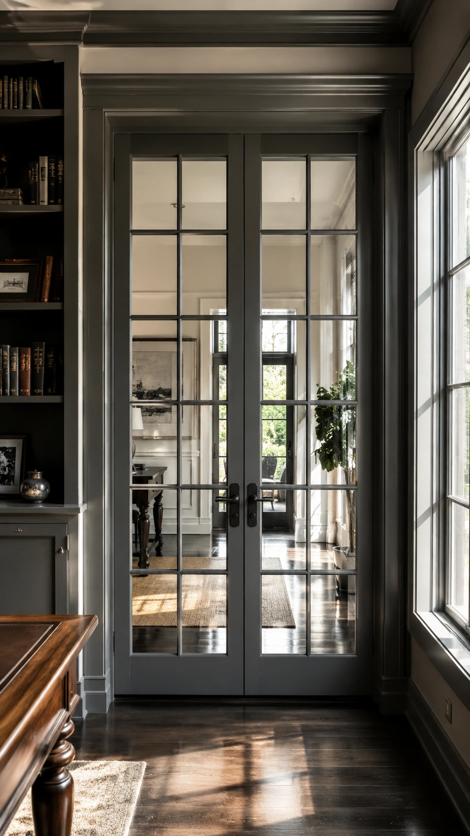 Black-framed glazed French doors between a study and a living room