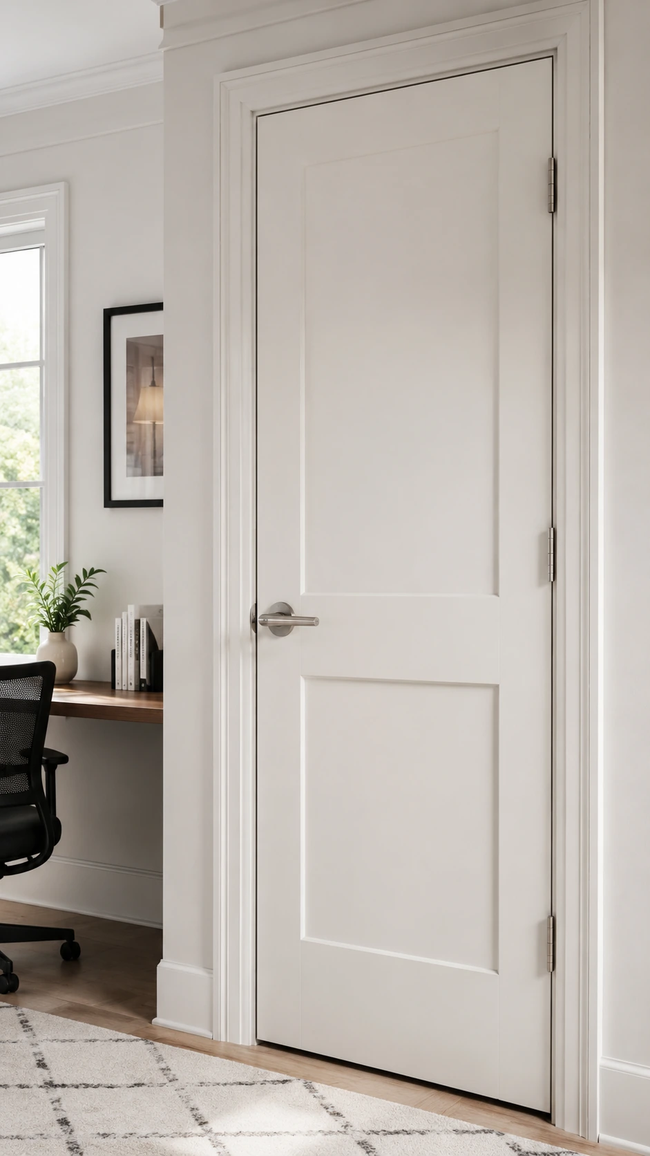 White interior door with a lever handle in a home office