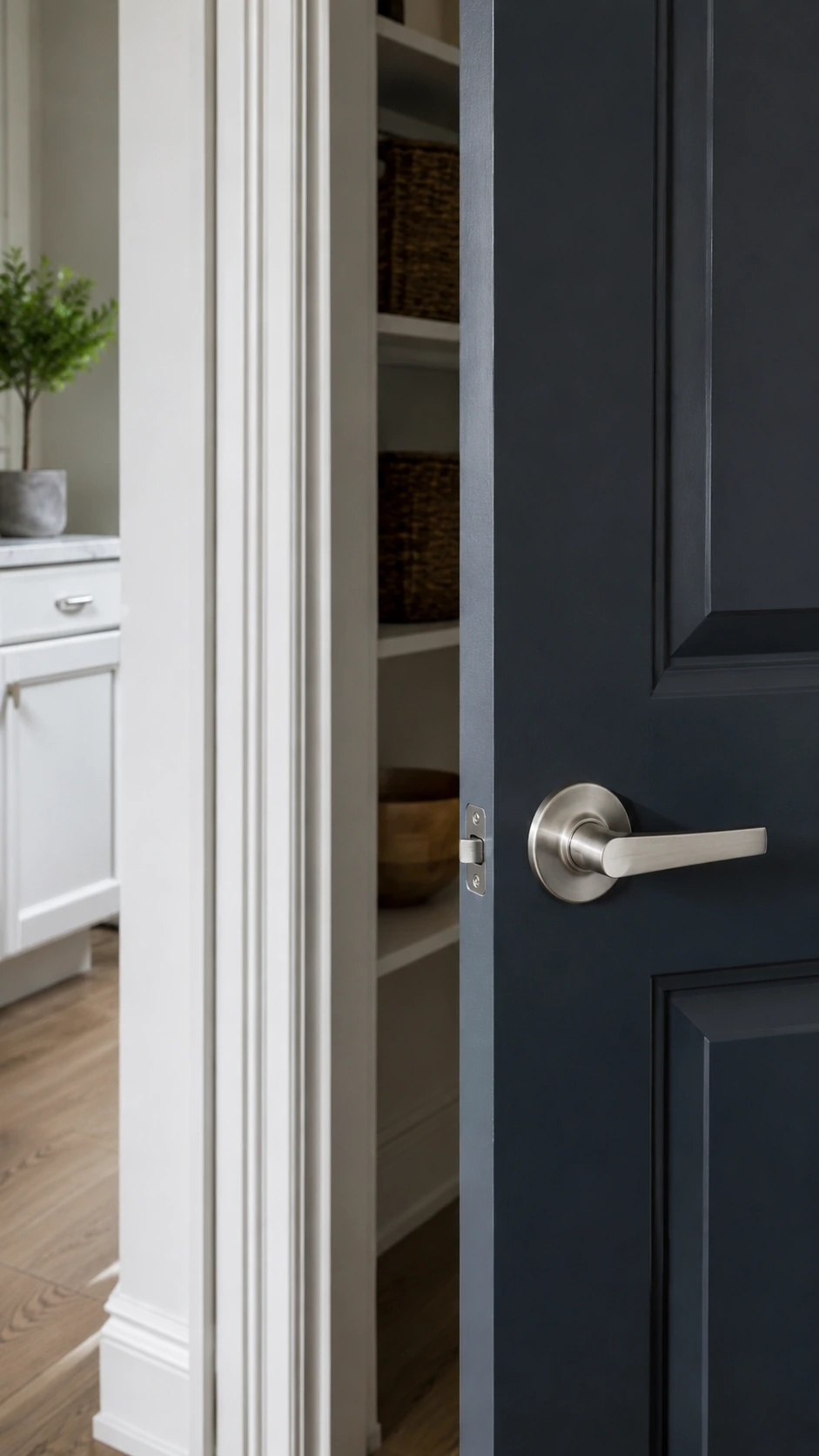 Satin nickel lever lock on a navy interior door