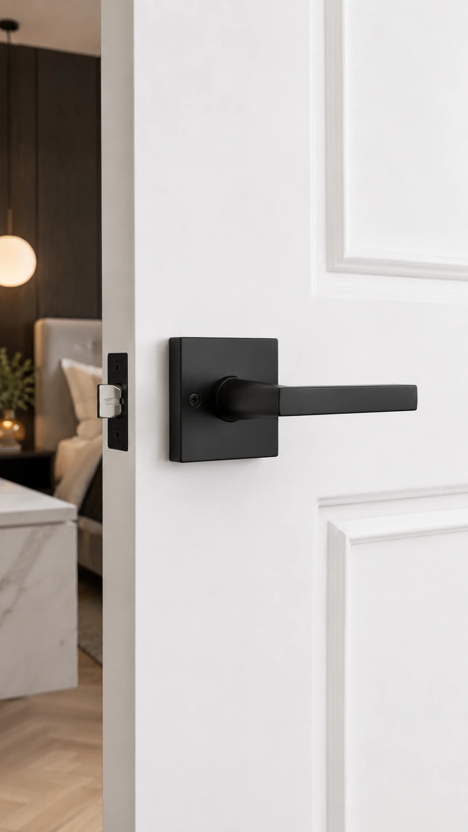 Matte black square-rose lever lock on a white panelled door