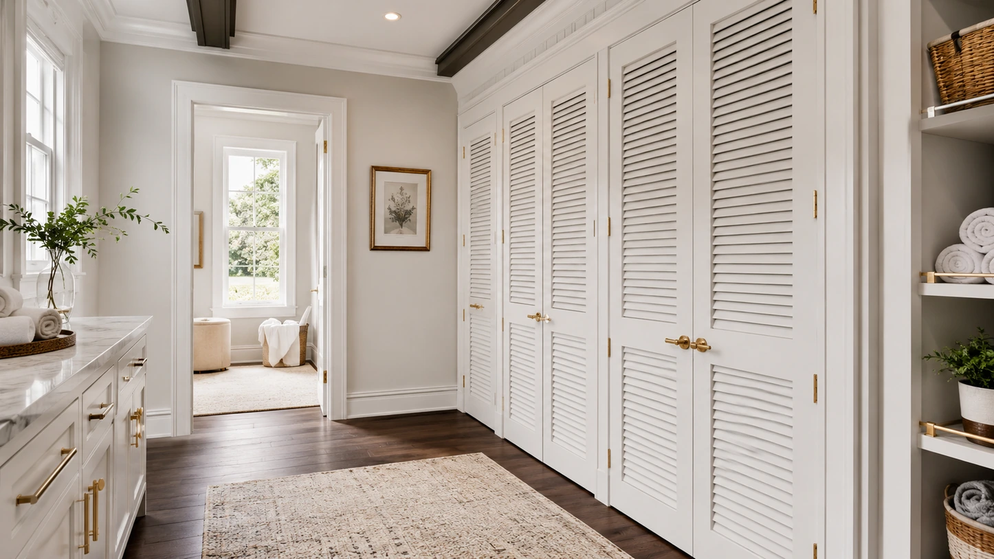White louvered closet doors running along a hallway